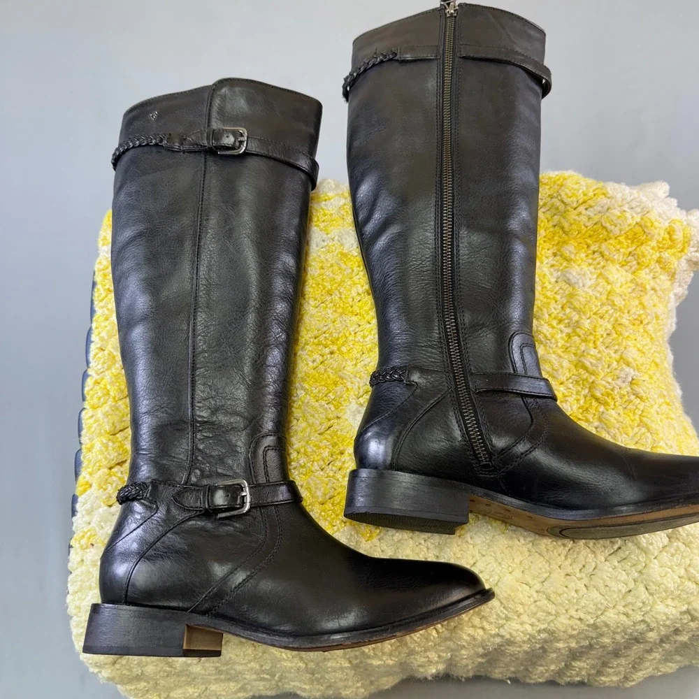 Black Leather Knee Hi Riding Boots Side Zip Buckle Detail Women's Size 7M Thask‎